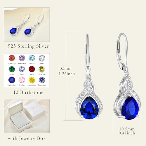 925 Sterling Silver Infinity Teardrop Earrings for Women | Lwsary Dangle Drop Leverback Earrings, Pear Shaped Birthstone Jewelry for Her - color: Deep Blue