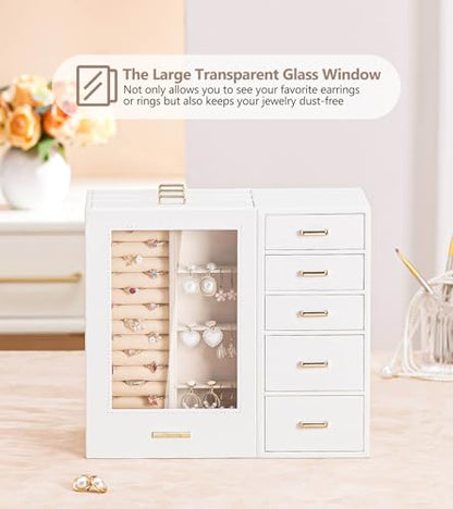 Homde Large Jewelry Box/Organizer/Case with Glass Window, Drawers for Necklaces Earrings Rings Bracelets Watches Gift for Women Girls - color: White