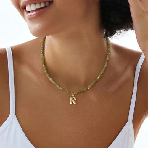 KELORIS PATH Beaded Initial Necklace for Women, 14K Gilded Plated Bubble Letter Pendant Natural Handmade Stone Choker Boho Colorful Summer Beach Jewelry Gift - color: Green Aventurine, style: Letter R