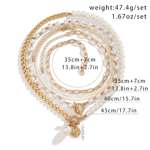 Chunky Pearl Layered Necklaces for Women Gold Big Statement Choker Necklace Set Charm Pearl Coin Pendant Necklace Trendy Jewelry Accessories Gifts - color: Gold1