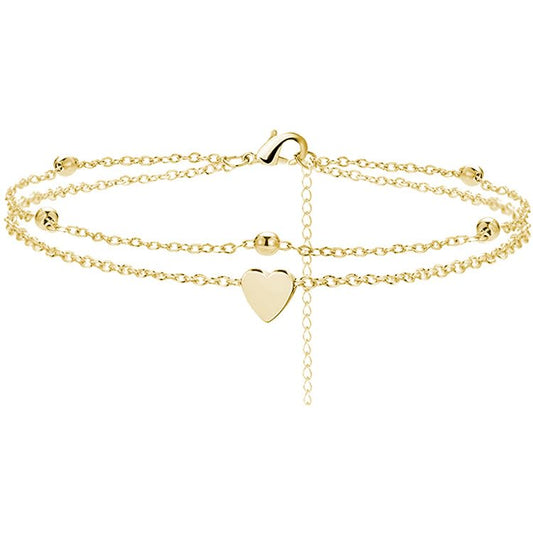 14K Gold Plated Layered Heart Anklet for Women Dainty Double Layer Chain Ankle Bracelet Adjustable Beach Foot Jewelry Gift for Her - color: Gold
