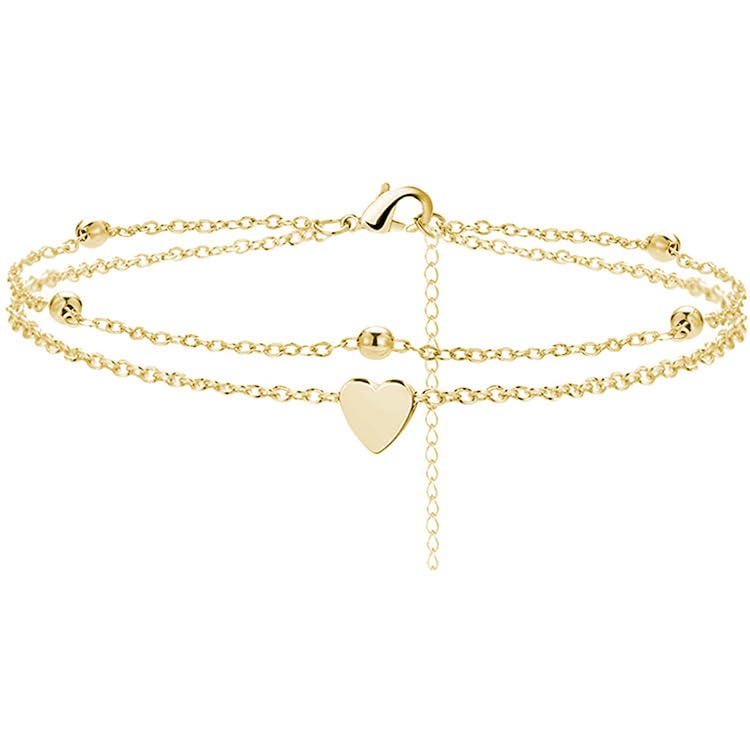 14K Gold Plated Layered Heart Anklet for Women Dainty Double Layer Chain Ankle Bracelet Adjustable Beach Foot Jewelry Gift for Her - color: Gold