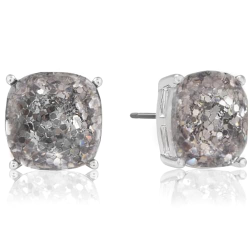Large Square Stud Earrings for Women - Big Sparkly Rhinestone Studs | Plated in Gold Tone or Silver Tone, Hypoallergenic and Safe for Sensitive Ears - color: Silver Glitter - Silver Tone Metal