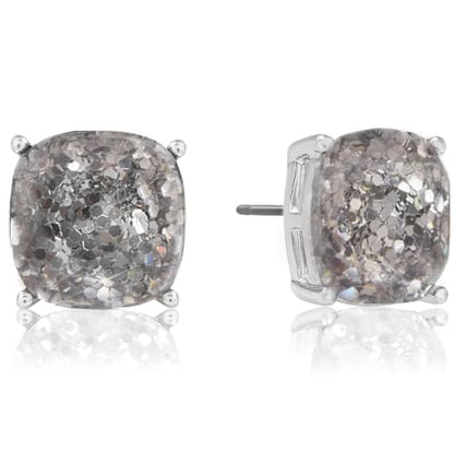 Large Square Stud Earrings for Women - Big Sparkly Rhinestone Studs | Plated in Gold Tone or Silver Tone, Hypoallergenic and Safe for Sensitive Ears - color: Silver Glitter - Silver Tone Metal