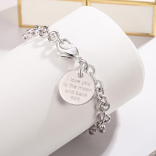 Dankadi Women 925 Sterling Silver Round Cable Wire Link Bracelet Charm Heart-Bell-Square-Circle Pendant Chain Bangle Fine Jewelry Gift For Wife Her - color: 6MM Silver Round Pendant, size: 8 in