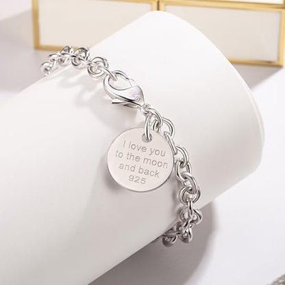 Dankadi Women 925 Sterling Silver Round Cable Wire Link Bracelet Charm Heart-Bell-Square-Circle Pendant Chain Bangle Fine Jewelry Gift For Wife Her - color: 6MM Silver Round Pendant, size: 8.5 in