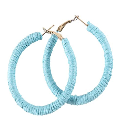 Handmade Rattan Earrings - Large Circle Braided Straw Wicker Drop Earrings - Light Weight Summer Hoops - color: E blue