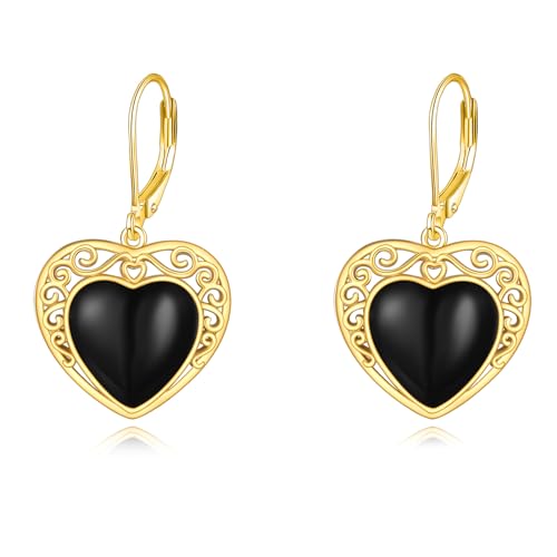 Sterling Silver Black Onyx Earrings for Women 18K Yellow Gold Plated Jewelry Gifts - style: Filigree Heart