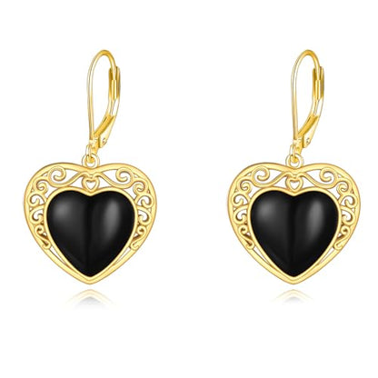 Sterling Silver Black Onyx Earrings for Women 18K Yellow Gold Plated Jewelry Gifts - style: Filigree Heart