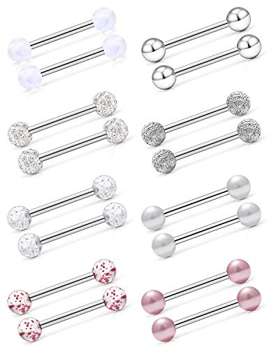 Prjndjw 14Pcs 14G Surgical Steel Tongue Rings Teaser Double Barbell with Slave Ring Body Piercing Jewelry for Women Men, Skull/Flower/Silicone Soft Spike Ball/Glitter Ball Closure