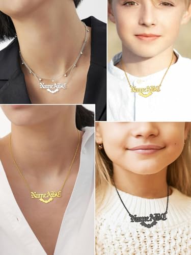 GoldChic JEWELRY Name Necklace Personalized for Men, Womens Custom Name Plate Chain, Stainless Steel Customized Old English Nameplate Choker with Curb Chains Custom, 16 inches to 30 inches - color: Rolo Chain(1.8 mm)&Bat-Black