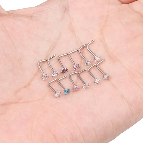 Hypoallergenic Nose Rings Studs 18G & 20G Surgical Steel Nose Studs L Shaped Nostril Piercing Jewelry with Cubic Zirconia for Women & Men - color: 20g,L-shape,crystal