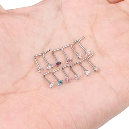 Hypoallergenic Nose Rings Studs 18G & 20G Surgical Steel Nose Studs L Shaped Nostril Piercing Jewelry with Cubic Zirconia for Women & Men - color: 20g,L-shape,crystal