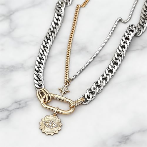Mixed Metal Stack for Women, Multi Layered Two Tone Gold and Silver Coin Pendant Paperclip Stacked Necklace with Star and Celestial Charms, Chunky Trendy Statement Jewelry Gifts - color: Silver