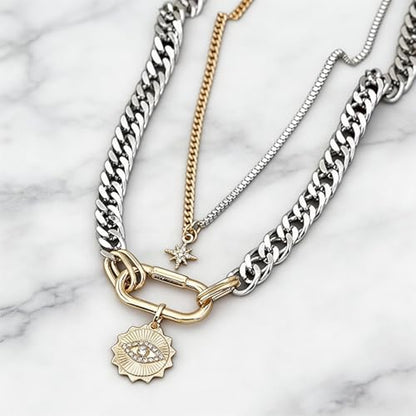 Mixed Metal Stack for Women, Multi Layered Two Tone Gold and Silver Coin Pendant Paperclip Stacked Necklace with Star and Celestial Charms, Chunky Trendy Statement Jewelry Gifts - color: Silver