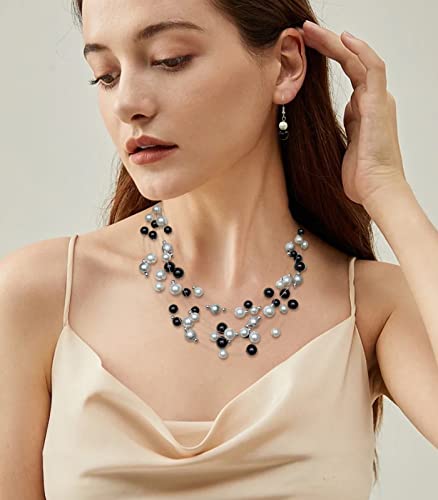 FULU AUTUMN Layered Pearl Necklace Multi-strand Pearl Choker Necklaces for Women Beaded jewelry for Wedding Parties - color: 37-Black and white
