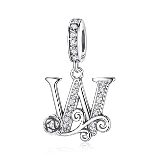 LNQOBU Complete A~Z Alphabet Charm Letter Beads, Solid 925 Sterling Silver with Cubic Stones Rose Alphabet Charm fits Pandora Bracelets Necklace Women Jewelry - color: CYT-W