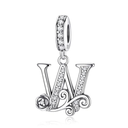 LNQOBU Complete A~Z Alphabet Charm Letter Beads, Solid 925 Sterling Silver with Cubic Stones Rose Alphabet Charm fits Pandora Bracelets Necklace Women Jewelry - color: CYT-W