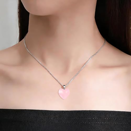 iSTONE 925 Sterling Silver Natural Crytral for Womens Pendant Necklace, Gemstone Birthstone with 17.8" Silver Chain Ladies - color: Heart - Rose Quartz