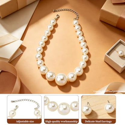 Chunky Pearl Necklace Earrings Set White Big Large Faux Pearl Pendant
