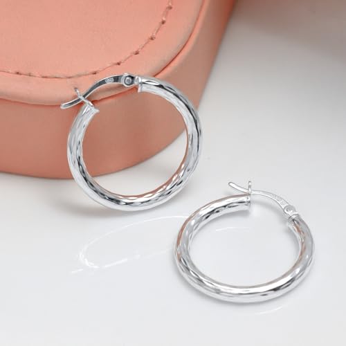 Charmsy 925 Sterling Silver Hoop Earrings | Lightweight Italian 2.5mm Tube Diamond-Cut Round Classic Hoops Earring for Women | Size 15/20/25/30/35/40/50/60/70mm | Small Medium Large - color: Diamond-Cut, size: 25 MM