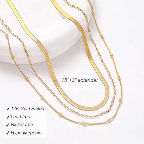 wgoud Gold Necklace for Women Waterproof,14K Real Gold Plated Herringbone Choker Necklace for Women Trendy, Dainty Gold Chain Necklaces Stack,Simple Layered Gold Necklaces for Women Jewelry Gifts - color: 3Pcs Gold Necklace B