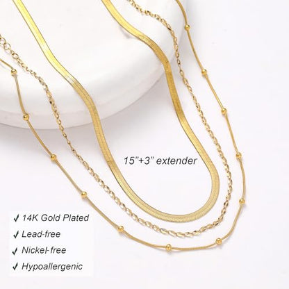 wgoud Gold Necklace for Women Waterproof,14K Real Gold Plated Herringbone Choker Necklace for Women Trendy, Dainty Gold Chain Necklaces Stack,Simple Layered Gold Necklaces for Women Jewelry Gifts - color: 3Pcs Gold Necklace B