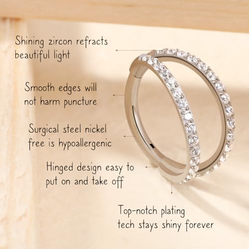 AROWRO Conch Piercing Jewelry Nose Rings Hoops Septum Cartilage Helix Rook | Surgical Steel Gold Silver Cartilage Earrings for Women Tragus Helix Piercing Jewelry 16G 18G 20G With Cubic Zirconia Opal - color: Silver-D1 Clear CZ, size: 16G(1.2mm)-10mm