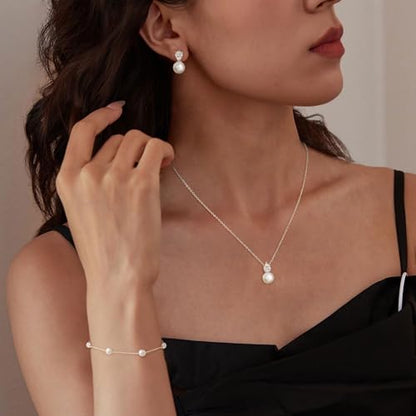 Jewelry Sets for Women,Dainty 14k Gold Plated Pearl Earrings Necklace Bracelet Fashion Silver Bridal Jewelry accessories SimpleWedding Jewelry Sets for Brides - color: silver1