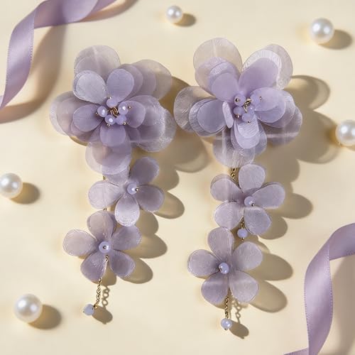 Flower Earrings for Women Long Fabric Flower Tassel Earrings Bohemian Handmade Floral Statement Earring Wedding Prom Jewelry Gifts - color: A6:purple