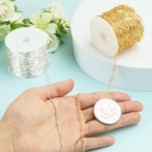 2 Rolls Paperclip Chain for Jewelry Making 33FT Jewelry Chain Links | Silver and Gold Chains Bulk with Lobster Clasps Jump Rings for DIY Craft Finding Jewelry Making Supplies - color: 2.8×7.6 Paperclip Chain