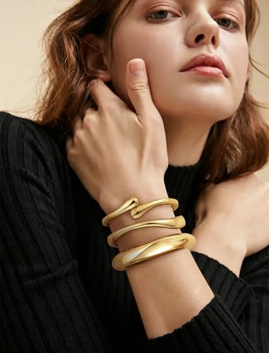 8YEARS Chunky Gold Bangle Bracelets for Women, 14k Gold Plated | Cuff Bangles, Stack Bracelet Set, Wide Trendy Fashion, Jewelry Gifts - color: C-Gold-3PCS