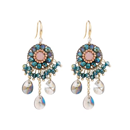 Fringe Dangling Tassel Earrings for Women, Handcrafted Chandelier Long Bohemian Beaded Cubic Zirconia Crystal Imitation Pearls Inlay Statement Boho Chain Hook Earrings for Wedding Party - color: Pink Blue Drop