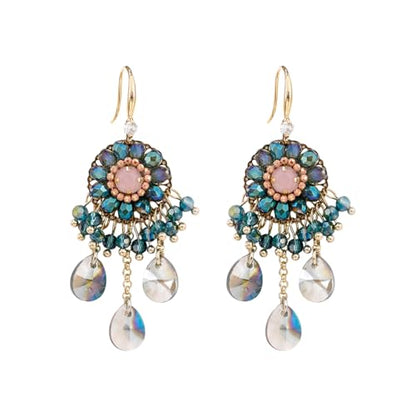 Fringe Dangling Tassel Earrings for Women, Handcrafted Chandelier Long Bohemian Beaded Cubic Zirconia Crystal Imitation Pearls Inlay Statement Boho Chain Hook Earrings for Wedding Party - color: Pink Blue Drop