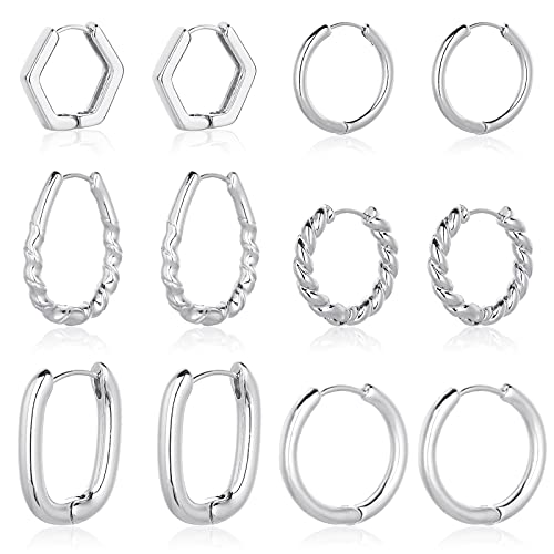 Wgoud 6 Pairs Chunky Gold Hoop Earrings for Women, 14K Gold Plated Hoop Earrings Hypoallergenic, Thick Lightweight Twisted Huggie Hoops Earring Set for Women’s Jewelry GIfts - color: 6 Pairs Silver