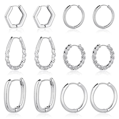 Wgoud 6 Pairs Chunky Gold Hoop Earrings for Women, 14K Gold Plated Hoop Earrings Hypoallergenic, Thick Lightweight Twisted Huggie Hoops Earring Set for Women’s Jewelry GIfts - color: 6 Pairs Silver