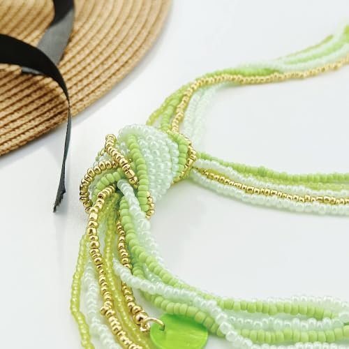 Coiris Long Seed Beaded Multi Strand Necklace,10 Multiple Statement Long Bib Necklace with Tie Knot for Women and Girls Jewelry - color: Jasmine Green