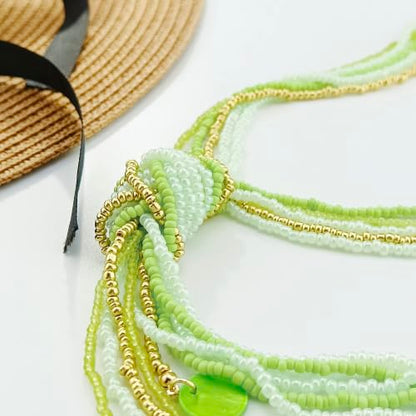 Coiris Long Seed Beaded Multi Strand Necklace,10 Multiple Statement Long Bib Necklace with Tie Knot for Women and Girls Jewelry - color: Jasmine Green