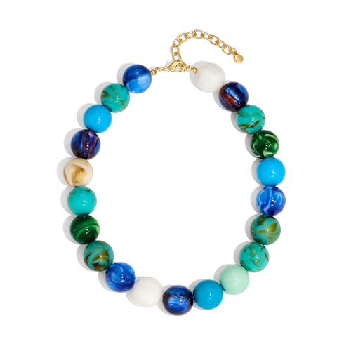 Chunky Beaded Necklaces for Women Statement Necklace | Bold Chunky Choker, Large Resin Beads, Adjustable Necklace, Boho Trendy Summer Beach Holiday Jewelry - color: Blue-02