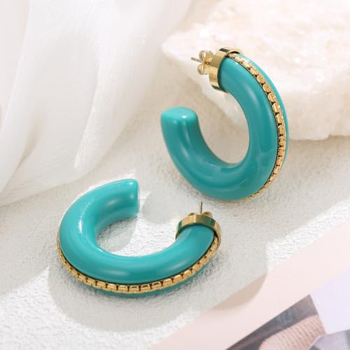 Gold Plated Resin Chunky Hoop Earrings Hypoallergenic Push Back Hoops for Sensitive Ears - color: Turquoise