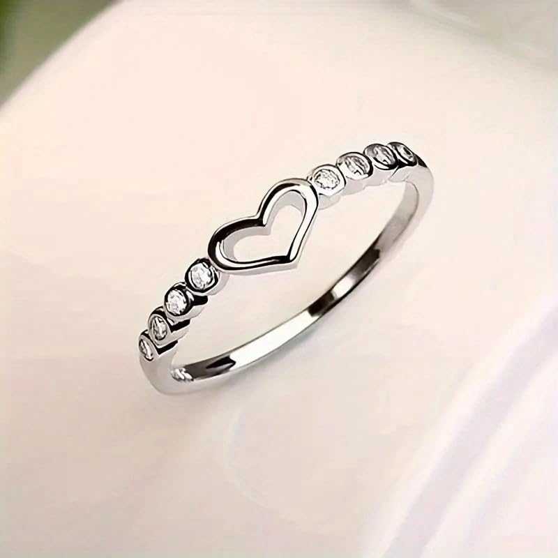 Simple Silver Plated Inlay Zirconia Hollow Heart Rings for Women Engagement Wedding Rings Jewelry - color: Silvery, size: 6