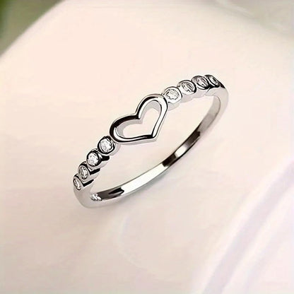 Simple Silver Plated Inlay Zirconia Hollow Heart Rings for Women Engagement Wedding Rings Jewelry - color: Silvery, size: 9