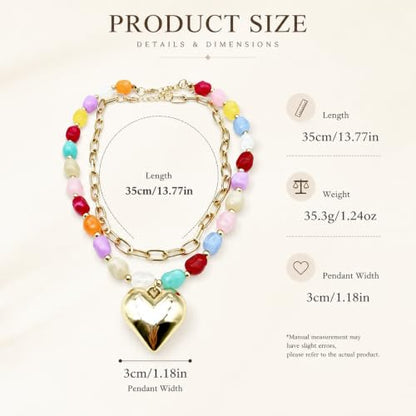 Colorful Beaded Necklace For Women, Boho Double Layered Chunky Gold Cuban Chain Rainbow Beads Heart Pendant Y2K Statement Choker Summer Beach Jewelry Gift - color: Puffy-Heart