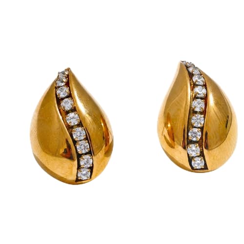 18K Gold Plated Stainless Steel Statement Earrings for Women - Trendy Hoops with Cubic Zirconia - Lightweight Non-Tarnish Waterproof Fashion Jewelry Gift - style: Zircon Water Drop