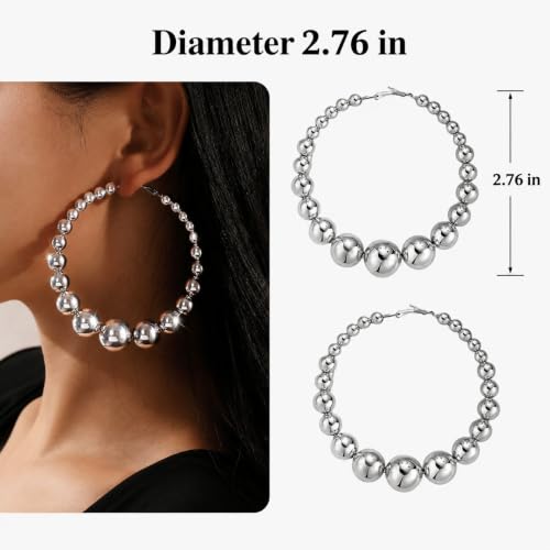 Big Chunky Gold Hoop Earrings for Women Beaded Large Statement Earrings Lightweight Fashion Jewelry Daily Wear Party Gift - color: B:Silver Hoop Earrings