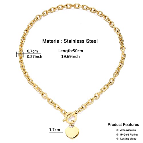 WangGao Elegent Love Stainless Steel Link Chain Blank Heart Charms Necklace for Women Toggle Clasp Closure - color: Gold, size: 19.6inches