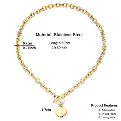 WangGao Elegent Love Stainless Steel Link Chain Blank Heart Charms Necklace for Women Toggle Clasp Closure - color: Gold, size: 19.6inches
