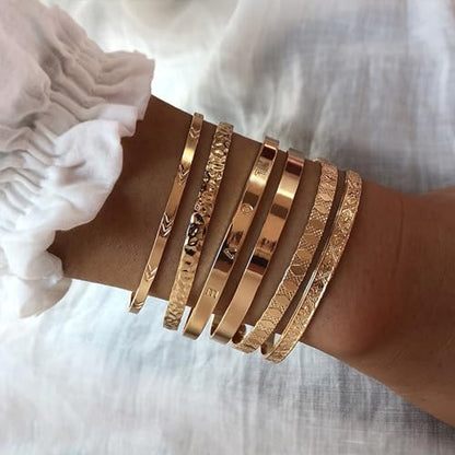 IFKM Gold Bangle Bracelets For Women, 14k Gold Plated Multi Layer Stackable Cuff Bracelet Set, Trendy Elegance Charms Non Tarnish Minimalist Textured Boho Jewelry Gift for Women - style: 6pcs Love