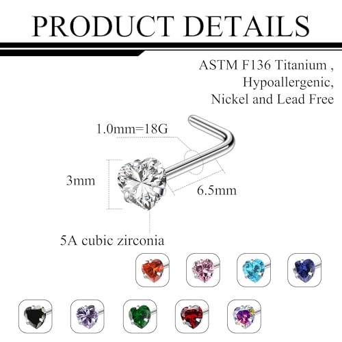 ASTM F136 Titanium Nose Rings 18G 20G 22G Mix Color Heart Cubic Zirconia Nose Studs Ring Screw L-Shaped Bone Hypoallergenic Body Piercing Jewelry for Women 3mm 10PCS - style: L-Shaped:18G(1.0mm)