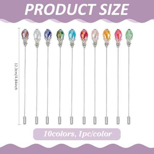 PH PandaHall 10 Colors Hat Pins Glass Beads Lapel Pin 4.8 Inch Long Handle Stick Pin with Crystal Beads Elegant Hair Suit Pins for Women Brooches Tie Hats Scarf Jewelry Accessories